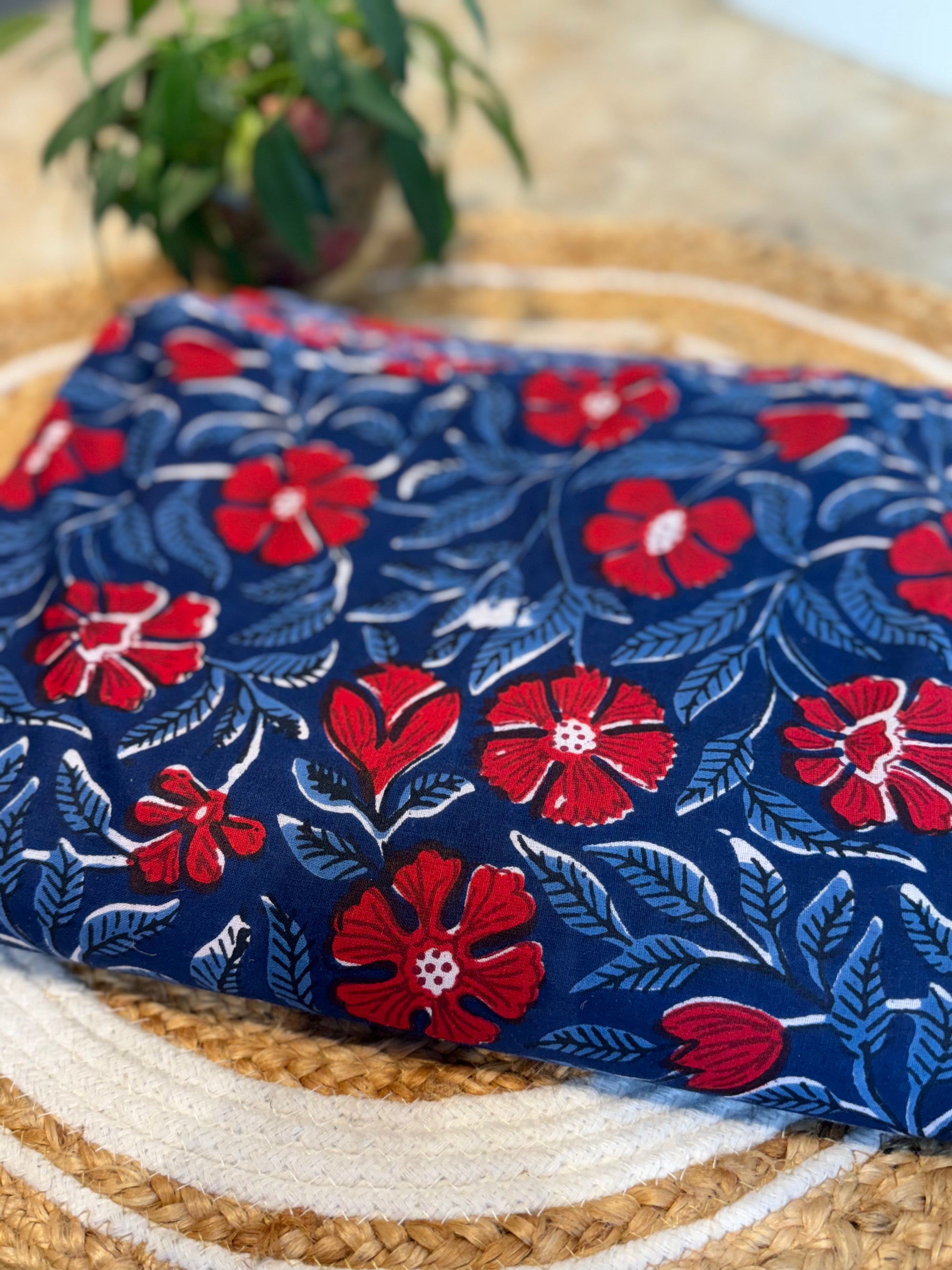 Blue cotton fabric with red floral prints_011
