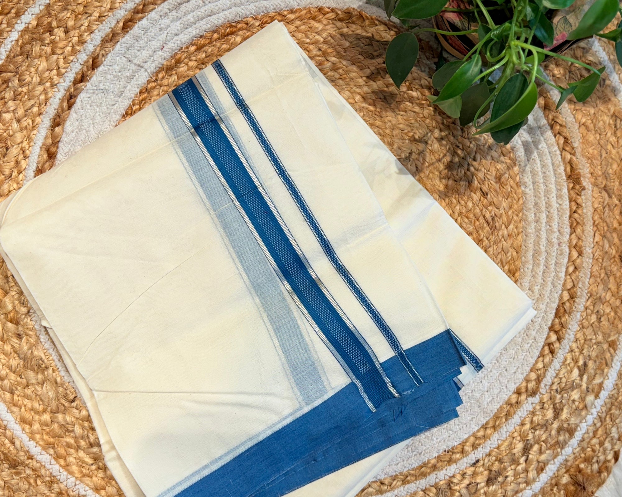 Teal green and silver double mundu