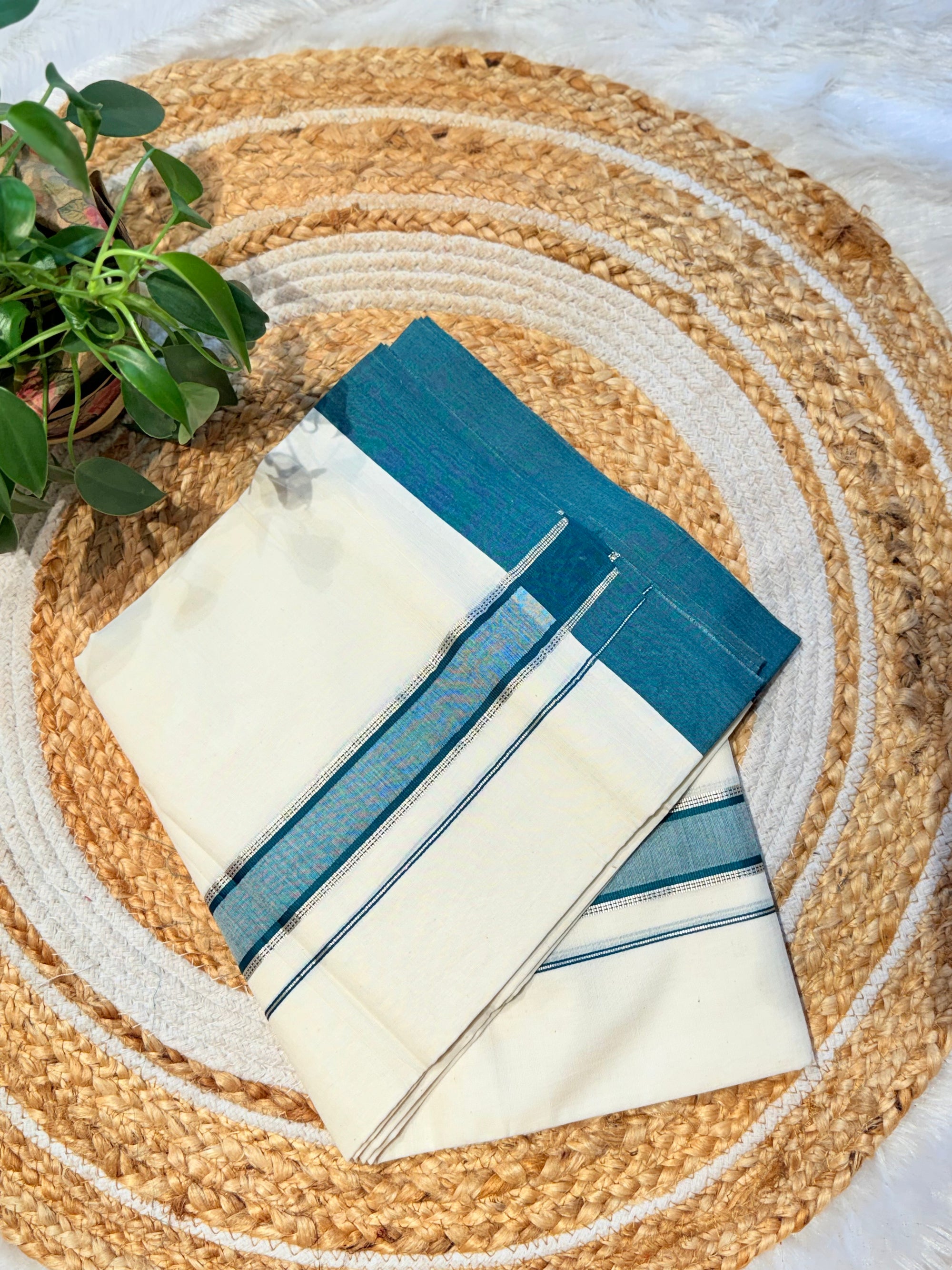 Teal green double mundu