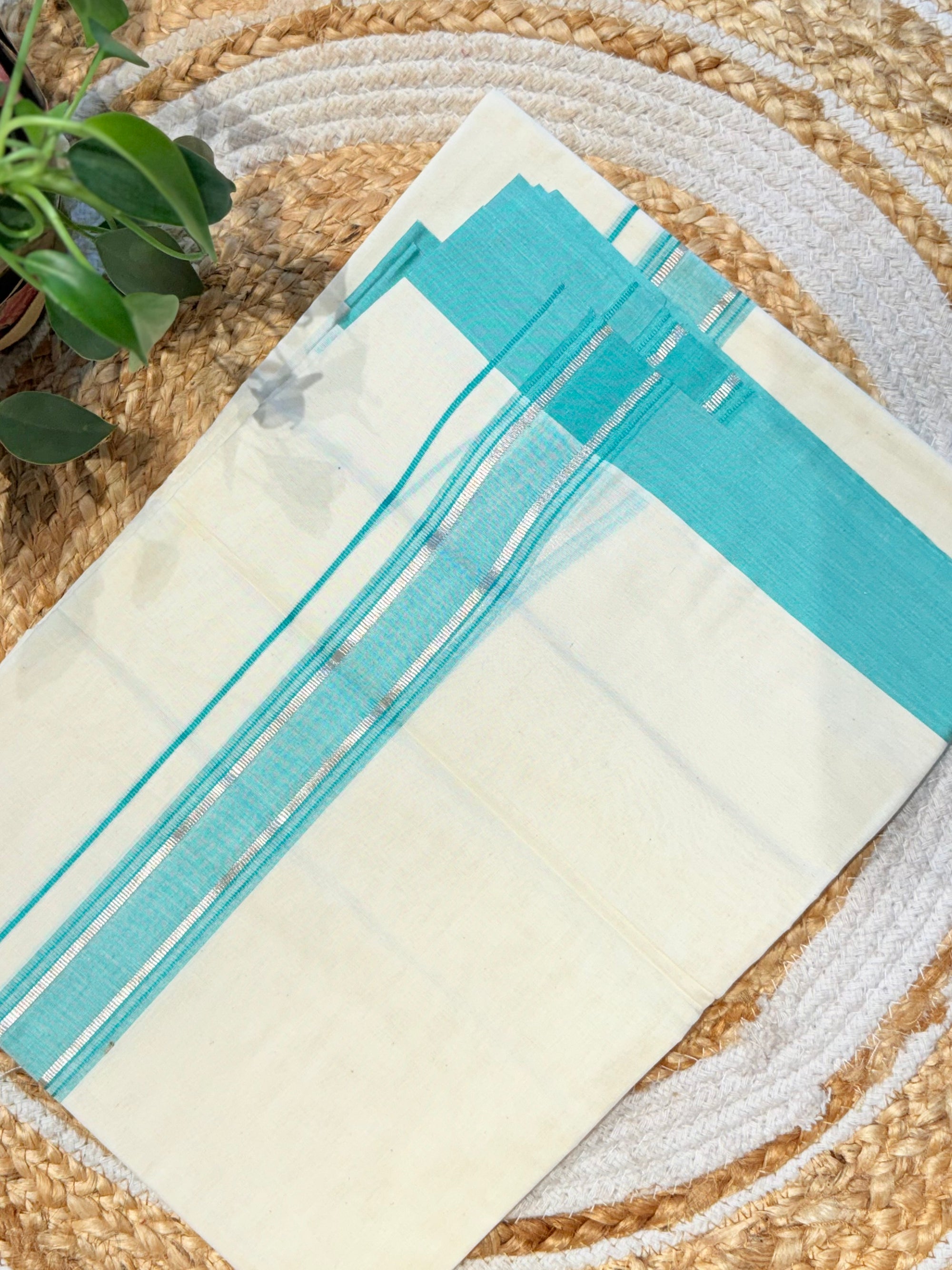 silver and blue double mundu